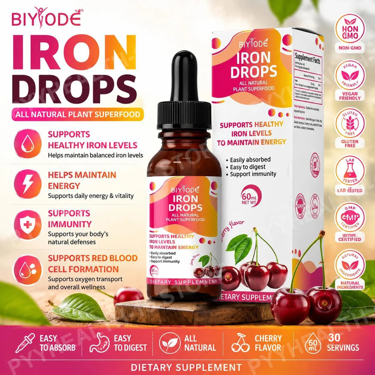 Biyode Iron Drops Cherry Flavor – Soy Free Liquid Iron 60mL Liquid Iron Supplement Qst