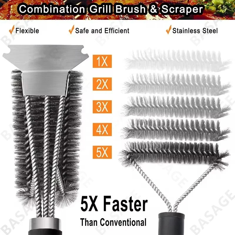 Stainless Steel BBQ Grill Cleaning Brush & Scraper Tool BBQ Grill Brush Qme