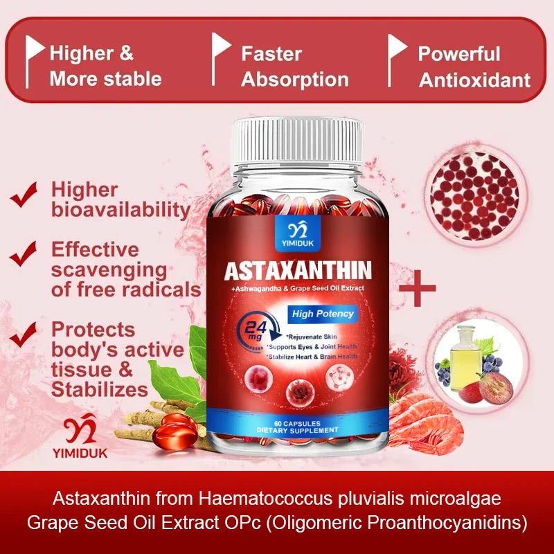 Yimiduk Astaxanthin 24mg – Grape Seed Oil & Ashwagandha, 120ct Antioxidant Supplement Qst
