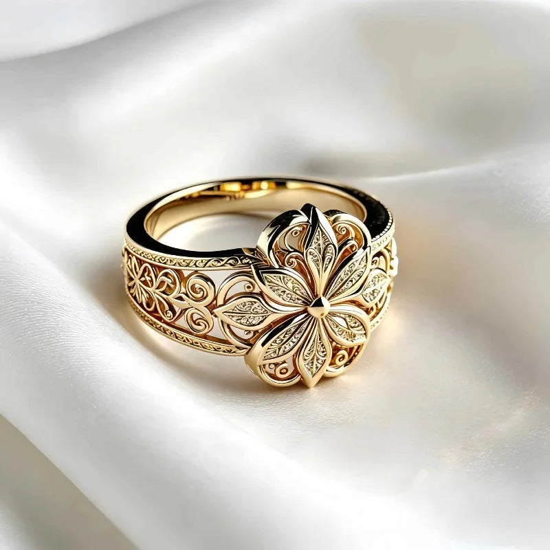 Vintage Flower Filigree Ring – Silver Hollow Floral Statement Filigree Statement Ring Qme