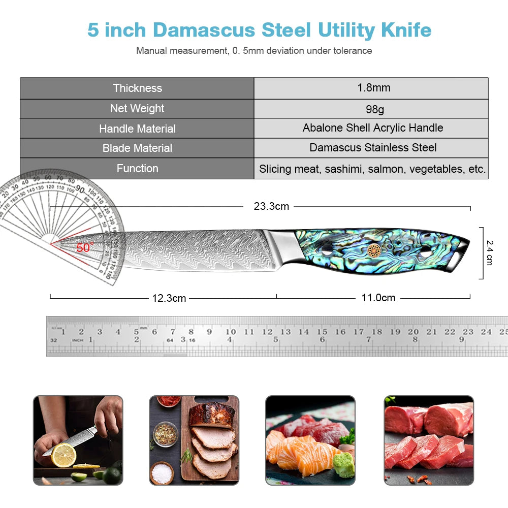 XITUO 5-Inch Damascus Steel Utility Knife – Full Tang Japanese Damascus Utility Knife Qst