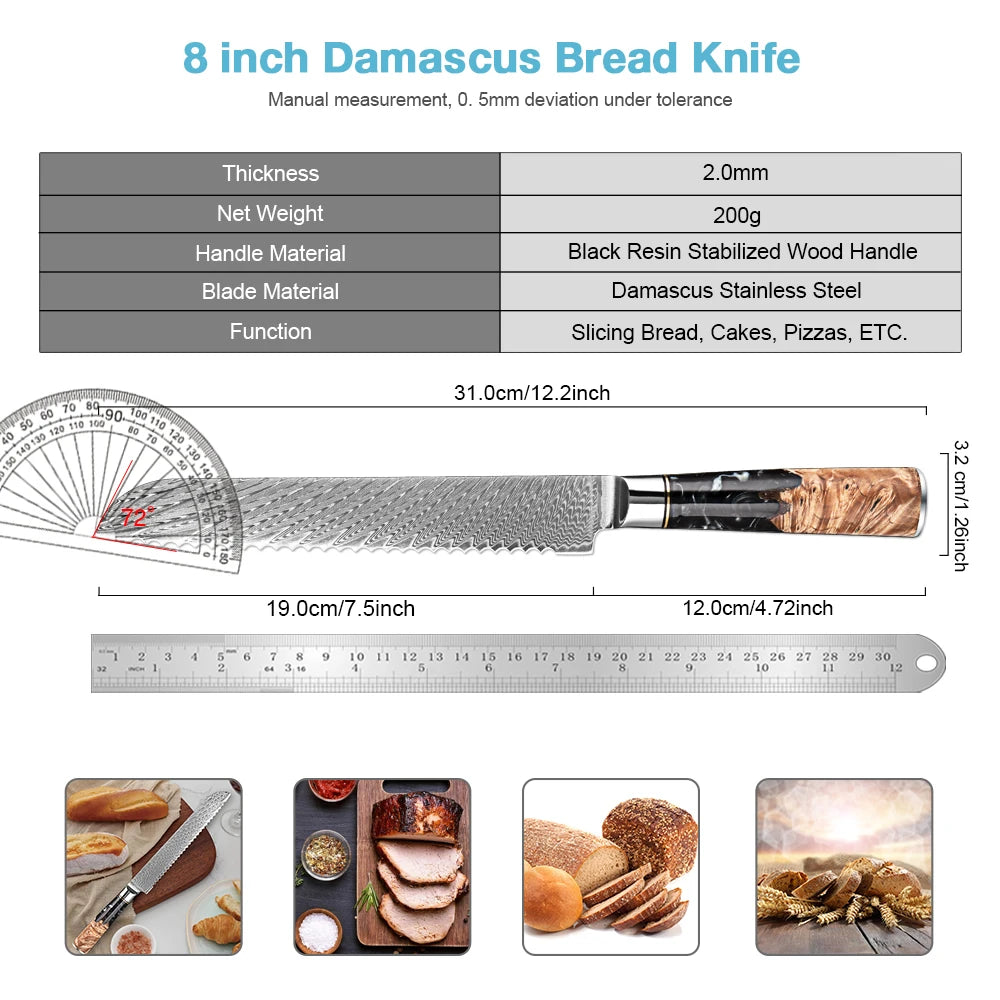 XITUO 8-Inch Damascus Serrated Bread Knife – 67-Layer Steel Serrated Bread Knife Qst