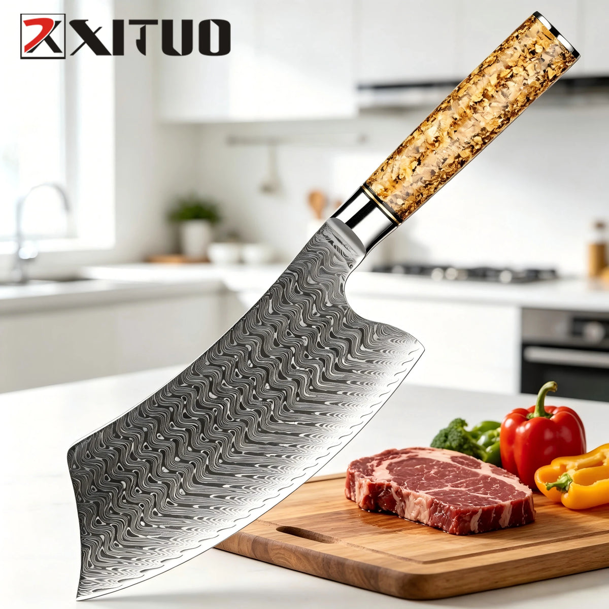 XITUO 7-Inch Damascus Steel Chinese Cleaver – Gold Leaf Handle Damascus Cleaver Knife Qst