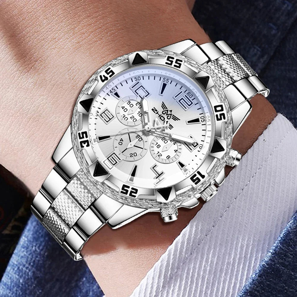 Men's Silver Quartz Watch & Bracelet Set | Mixed-Scale Dial Quartz Watch Set Qme