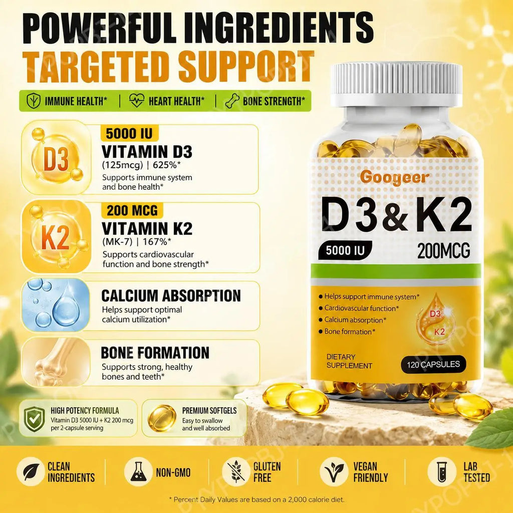 Vitamin D3 5000 IU + K2 200mcg Softgels – 120 Capsules Vitamin Supplement Qst