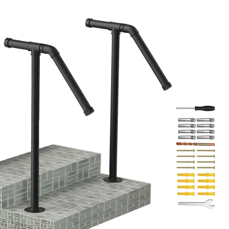 Wrought Iron Outdoor Stair Handrail – Single Post, 1–2 Steps Outdoor Stair Handrail Qme 2pcs
