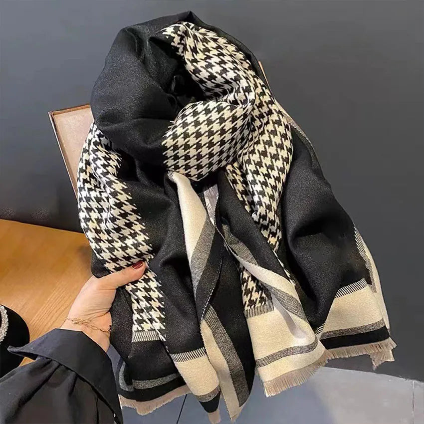 Women's Houndstooth Jacquard Scarf Shawl – Autumn Winter Winter Scarf Shawl Qst black