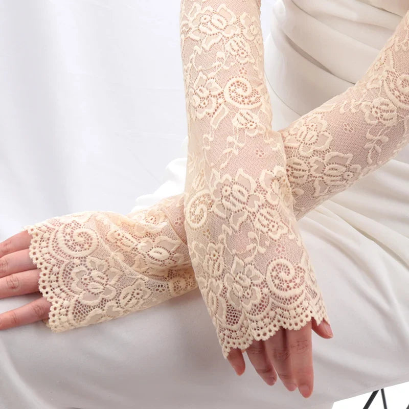 Women's Long Lace Fishnet Mesh Fingerless Gloves 47cm Fingerless Lace Gloves Qme