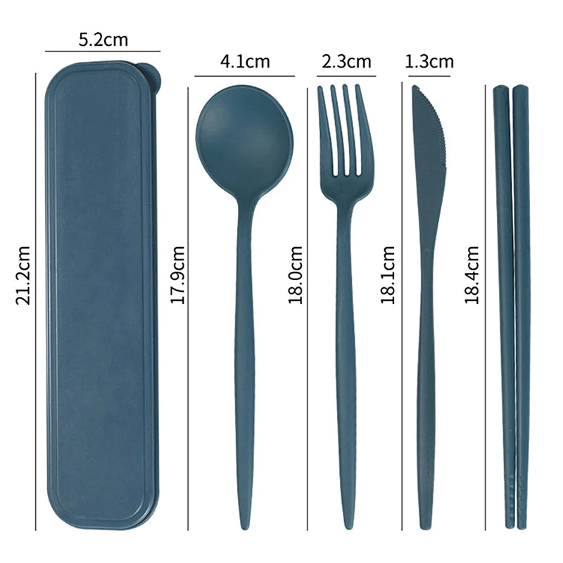 4-Piece Reusable Wheat Straw Cutlery Set with Carry Box Portable Cutlery Set Qst