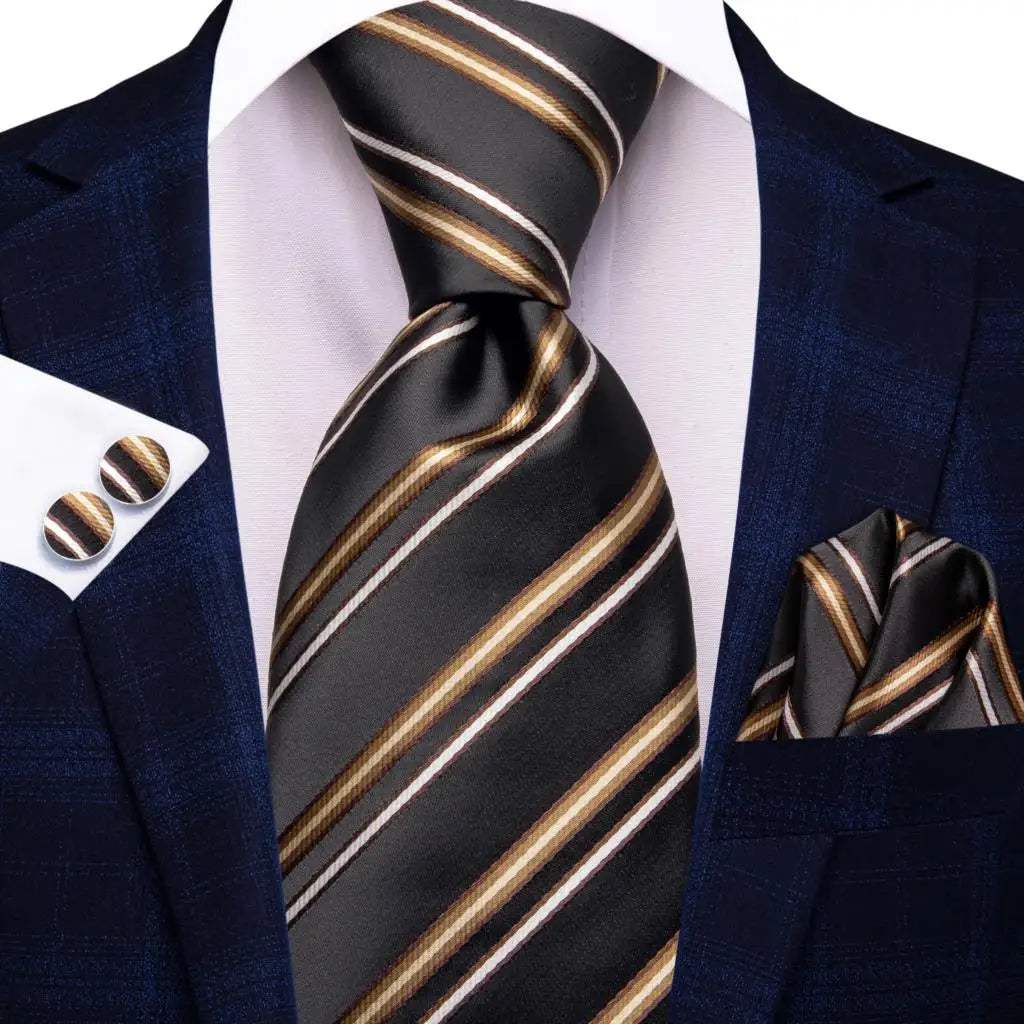 Hi-Tie 100% Silk Black Gold Jacquard Wedding Necktie Set