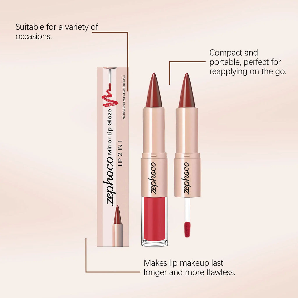 Zephoco 2-in-1 Mirror Lip Gloss & Liner – Brick Red Lip Gloss & Liner Qst