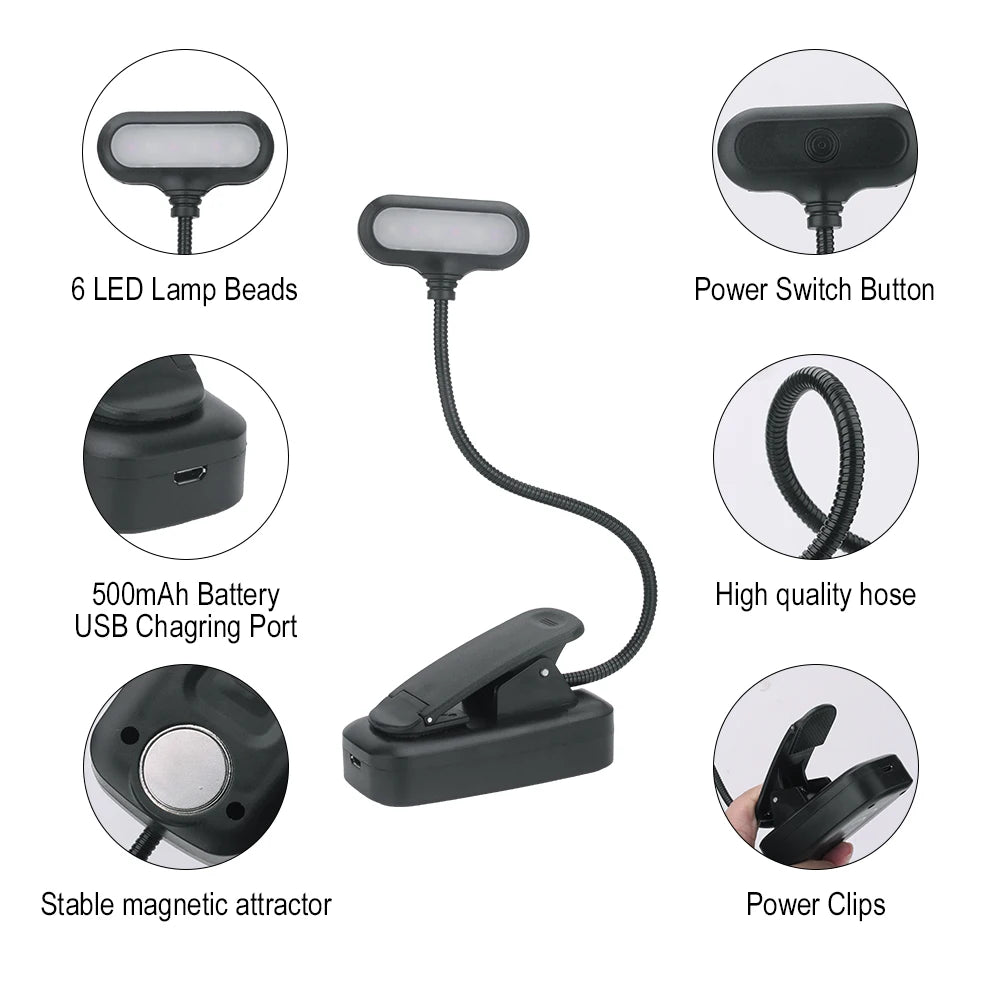 BORUIT Rechargeable Clip Book Light – 6 LED Warm & Cool Clip Reading Lamp Qst