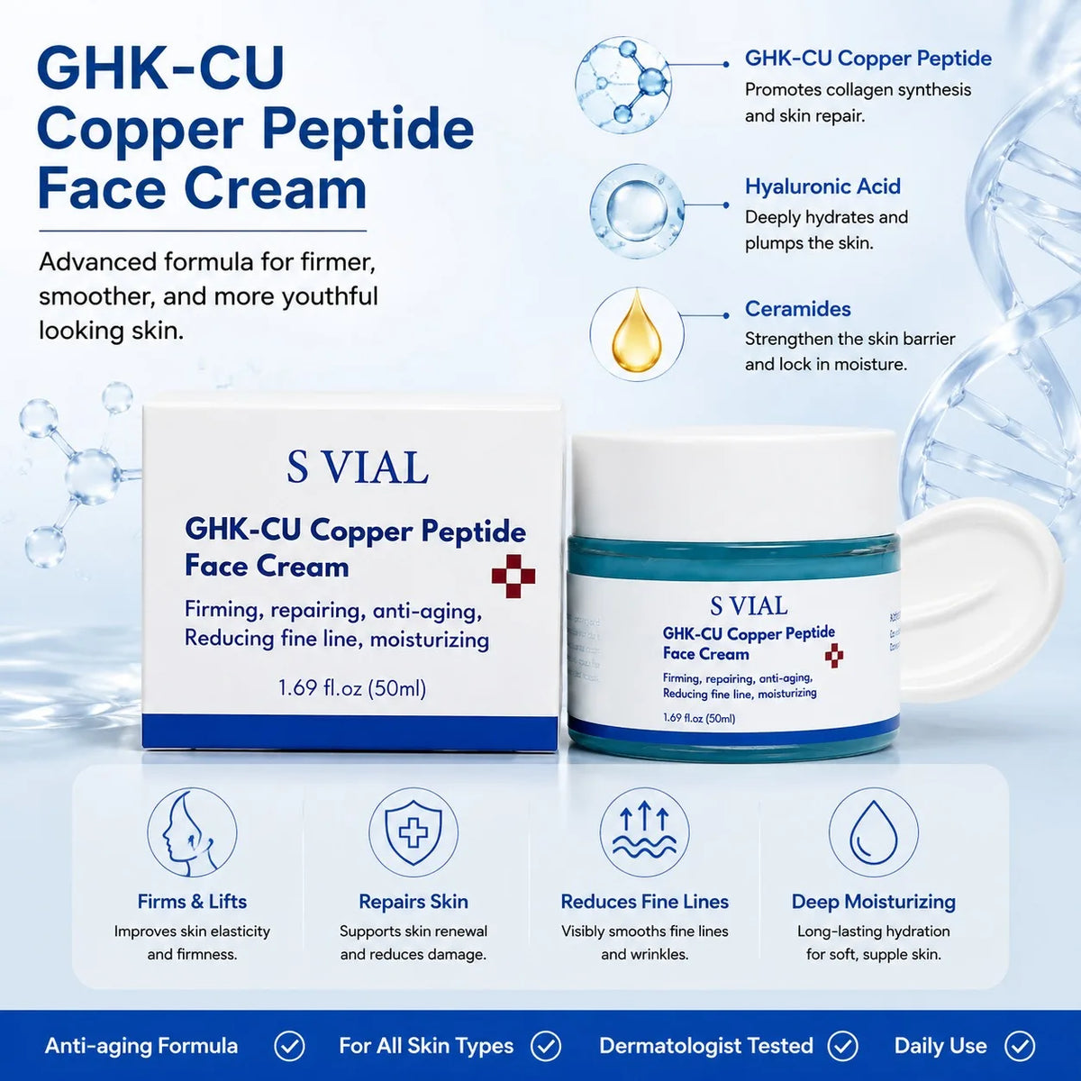 GHK-Cu Copper Peptide Face Cream 50g – Hyaluronic Acid Anti-Wrinkle Face Cream Qst 1 box 50g