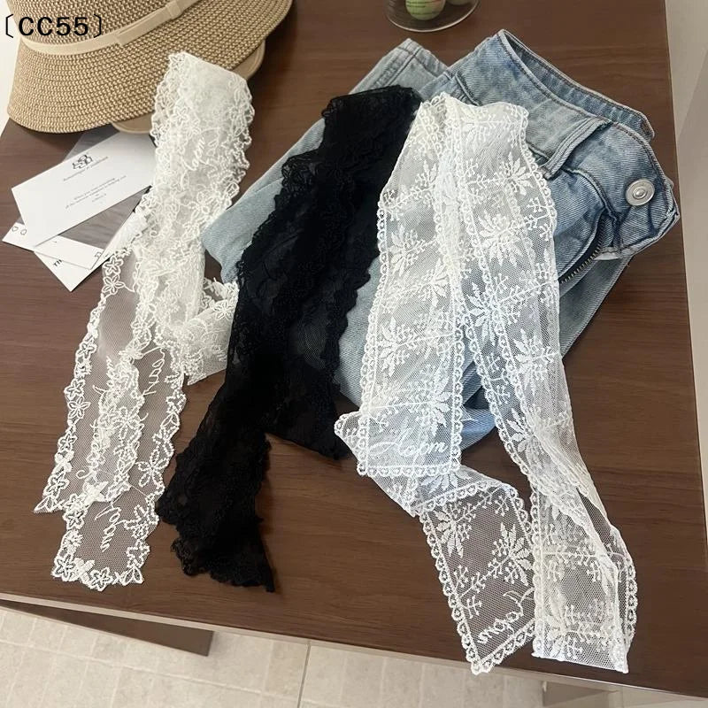 Y2K Floral Lace Waist Belt – Bow Tie Hair Band & Scarf Lace Waist Belt Qst