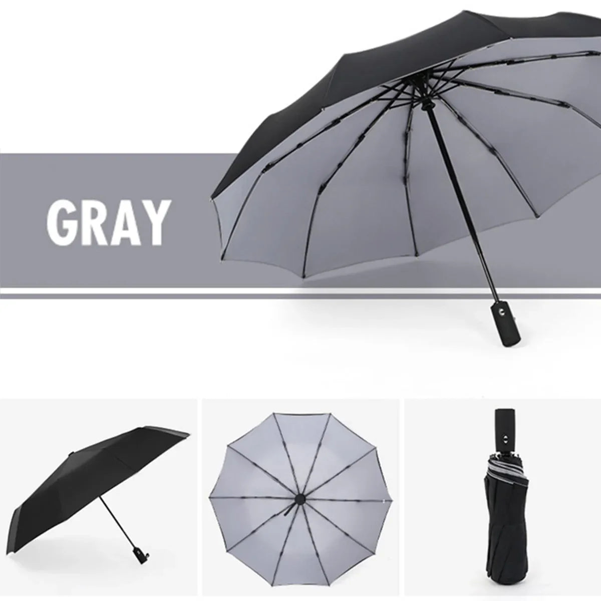 Windproof Double Layer Auto Folding Umbrella – Sun & Rain Windproof Auto Umbrella Qst grey