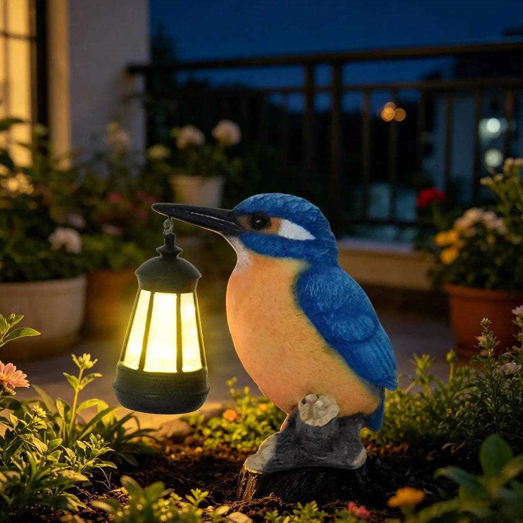 Solar Blue Kingfisher Garden Statue with Lantern | Outdoor Solar Garden Statue Qme
