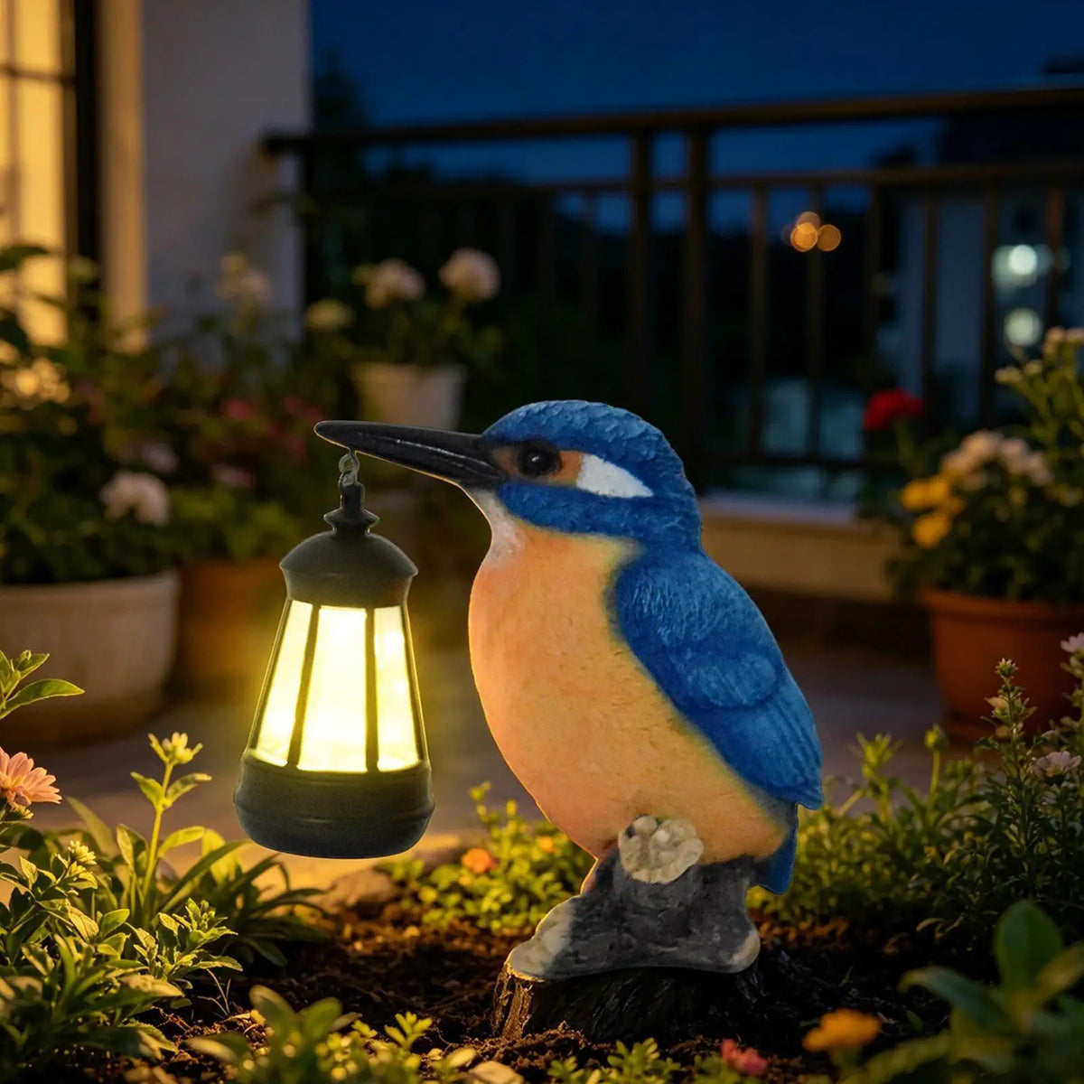Solar Blue Kingfisher Garden Statue with Lantern | Outdoor Solar Garden Statue Qme