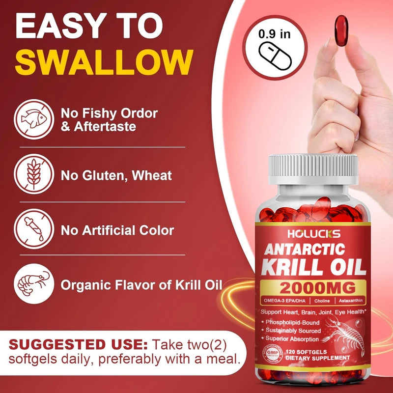 HOLUCKS Antarctic Krill Oil 2000mg – Omega-3 EPA DHA Capsules Krill Oil Supplement Qst
