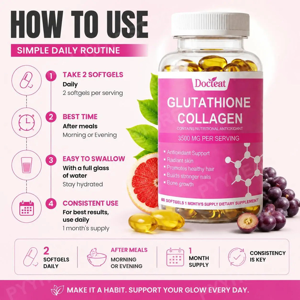 Glutathione Collagen Softgels – Vitamin C, E & Hyaluronic Acid 60ct Beauty Supplement Softgels Qst