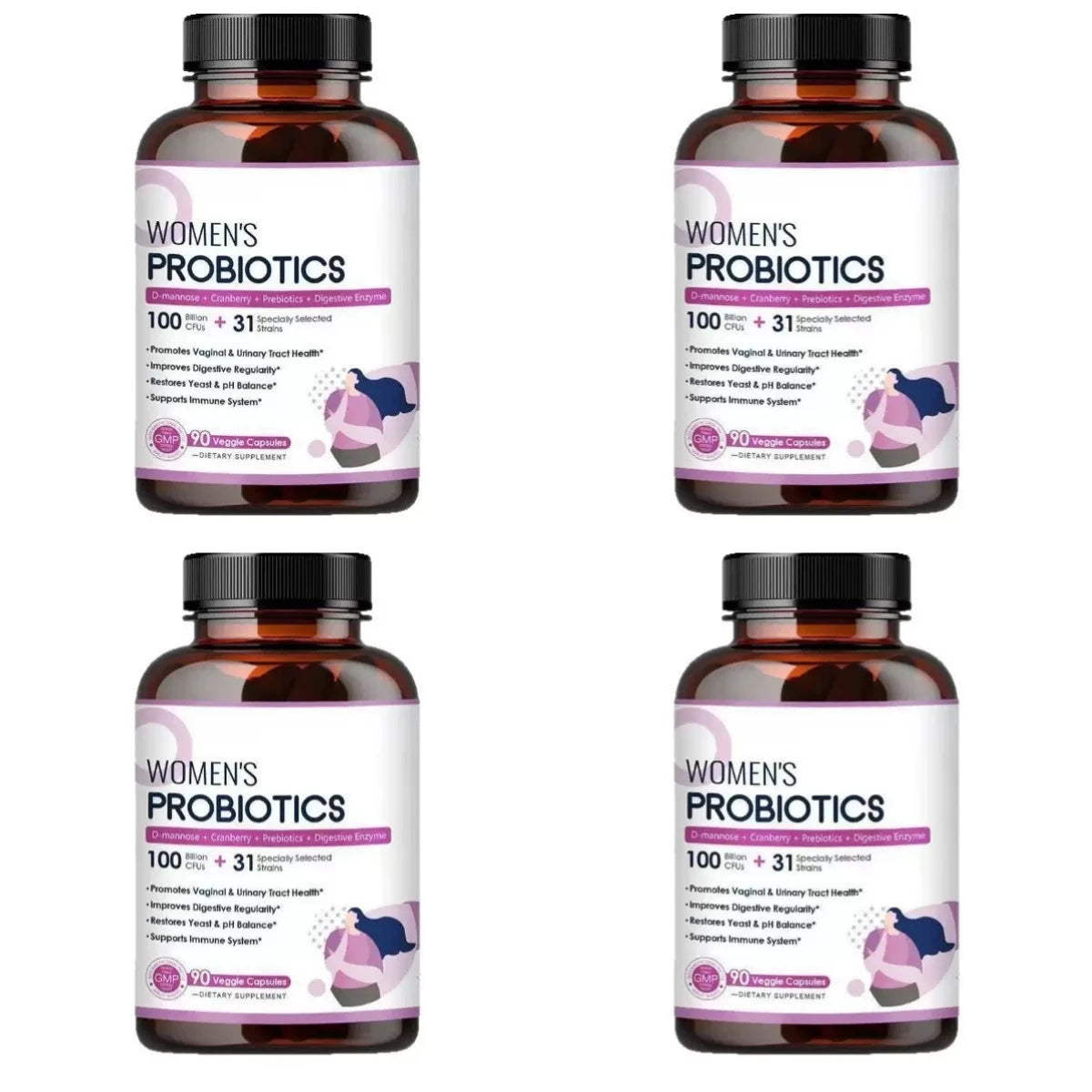 Women's Probiotics 100B CFUs 31 Strains D-Mannose Cranberry 90 Caps Women's Probiotic Supplement Qst 4 bottles