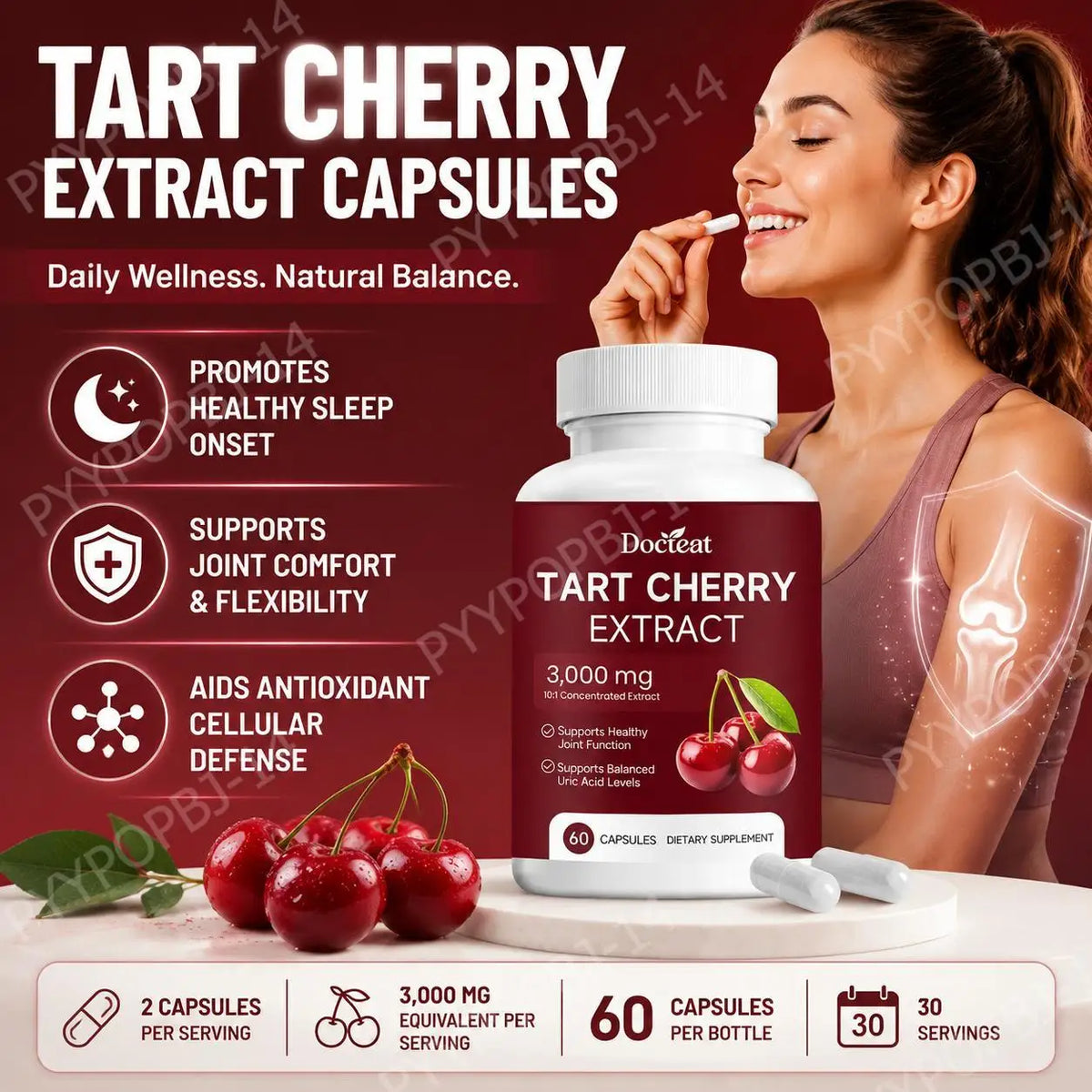 Docteat Tart Cherry Extract 10:1 Capsules – 60 Count Herbal Extract Capsules Qst