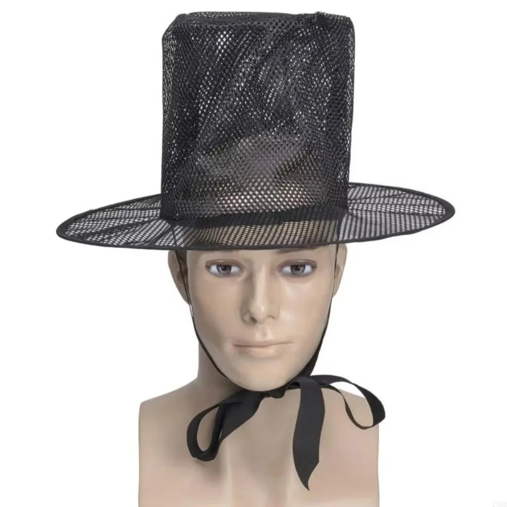 Traditional Korean Gat Hat – Black Mesh Wide Brim Flat Top Traditional Cultural Hat Qme