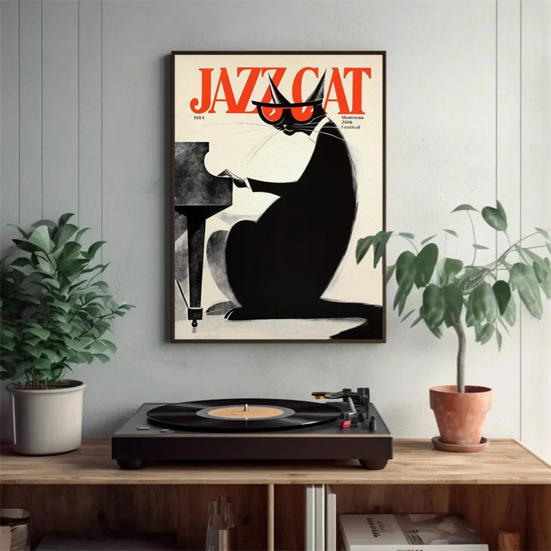 Vintage Jazz Black Cat Canvas Wall Art – Retro Music Poster Canvas Wall Art Qst