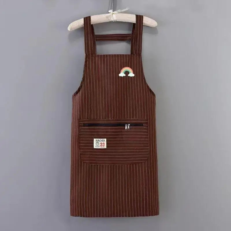 Striped Linen-Cotton Apron – Zippered, Oil-Resistant & Breathable Kitchen Apron Qst Coffee