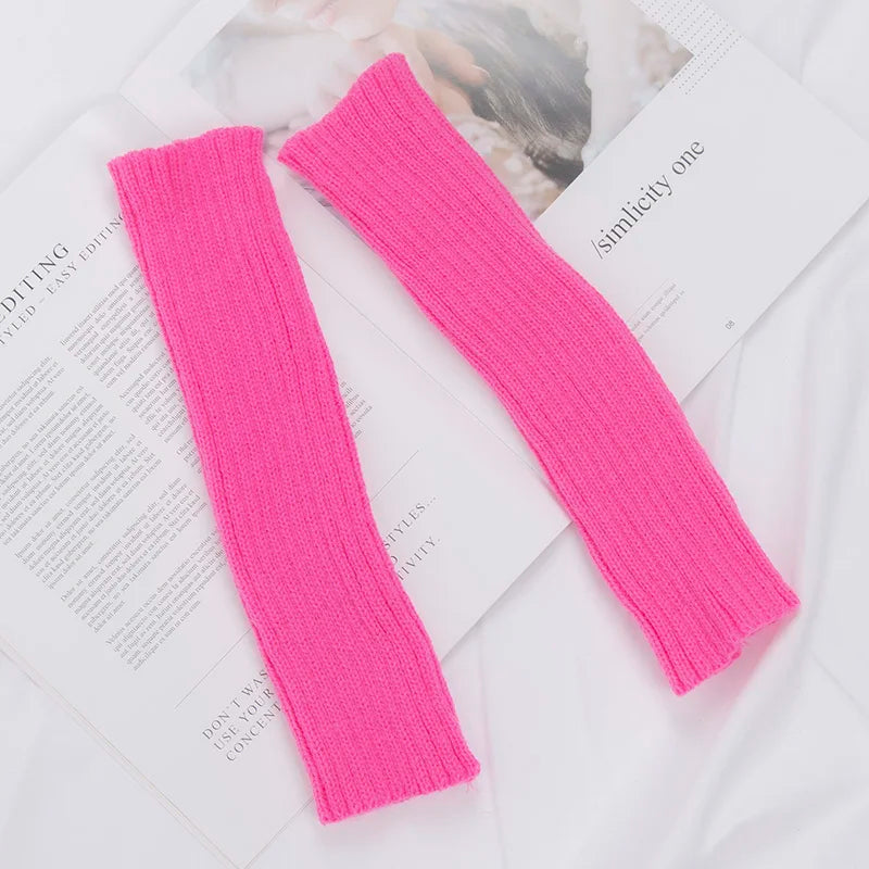 Women's Long Fingerless Gloves Kawaii Knit Arm Warmers Fingerless Arm Warmers Qme Rose Red one size