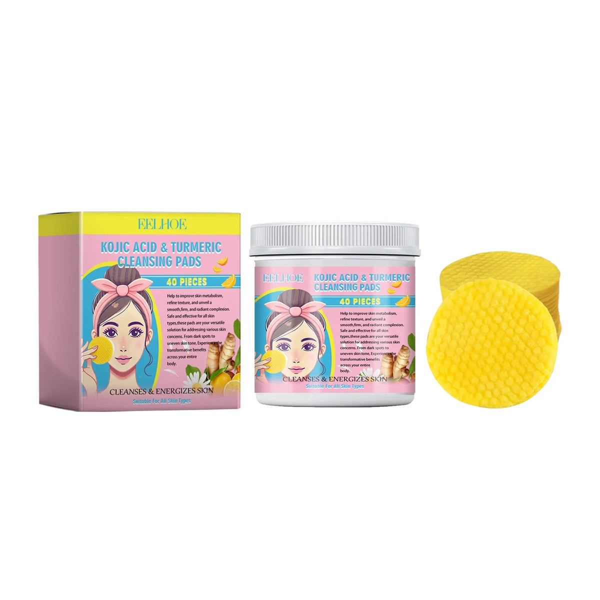 Turmeric Kojic Acid Facial Cleansing & Exfoliating Pads 40ct Facial Cleansing Pads Qme 40pcs