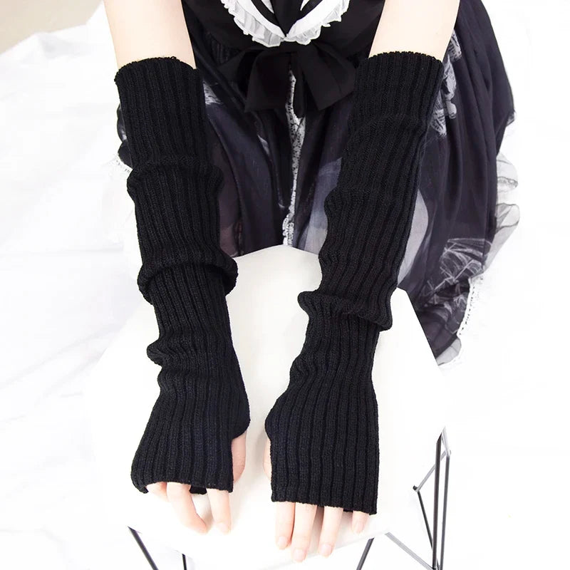 Women Long Fingerless Gloves Lolita Kawaii Knit Arm Warmers Fingerless Arm Warmers Qme