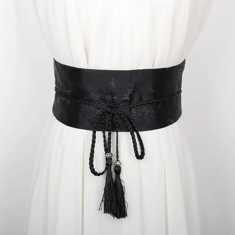 Vintage Floral Embroidered Wrap Belt – Bow Tie Tassel Sash Embroidered Wrap Belt Qst G