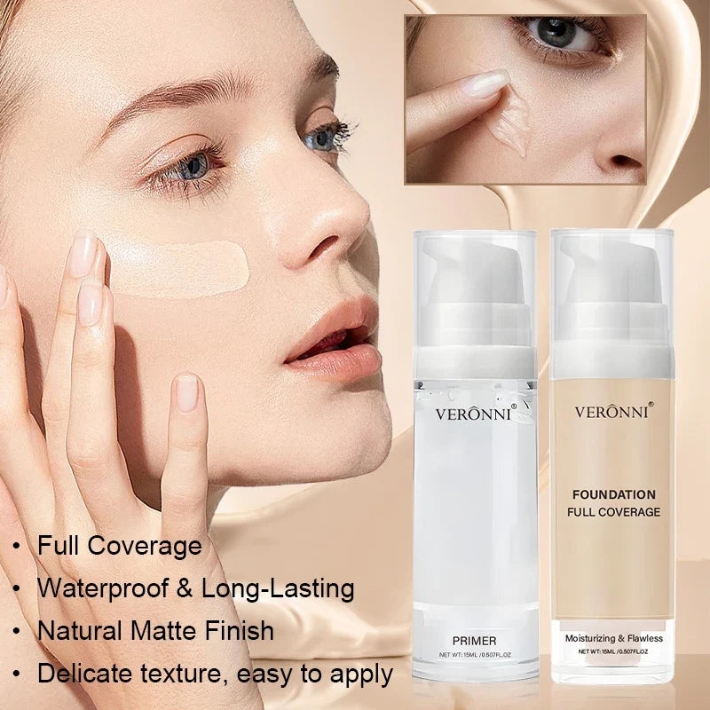 VERONNI Full Coverage Foundation & Hydrating Primer with Brush Foundation & Primer Kit Qme