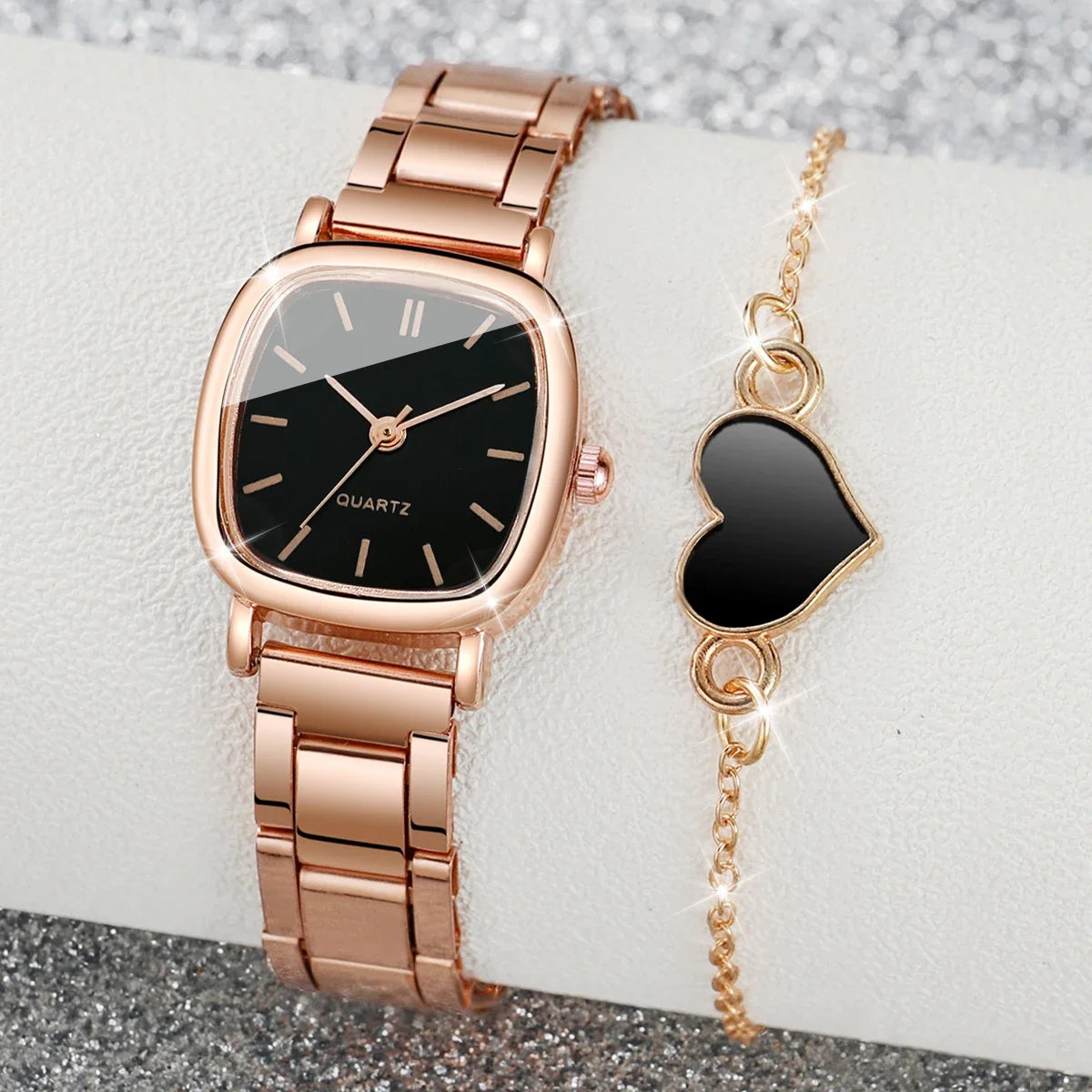Rose Gold Square Quartz Watch & Heart Bracelet Set | Elegant Watch Bracelet Set Qme