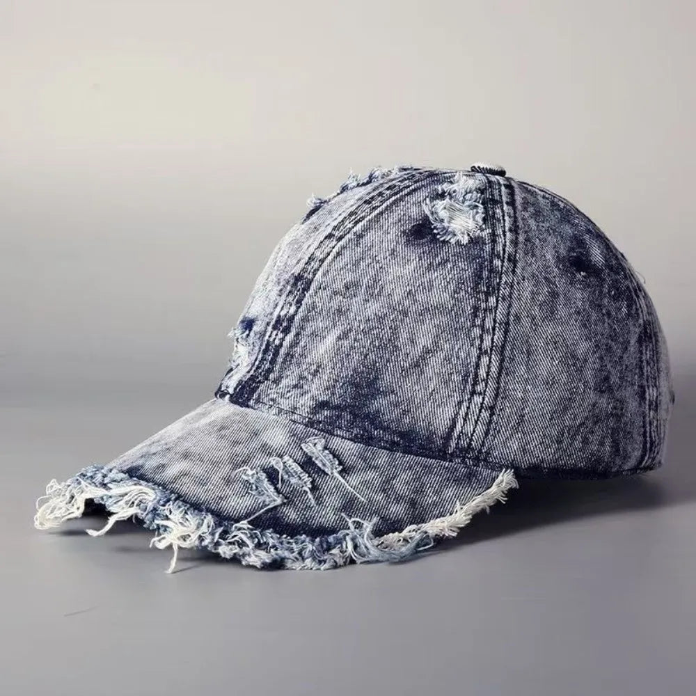 Vintage Washed Denim Baseball Cap – Distressed Frayed Fringe Denim Baseball Cap Qme