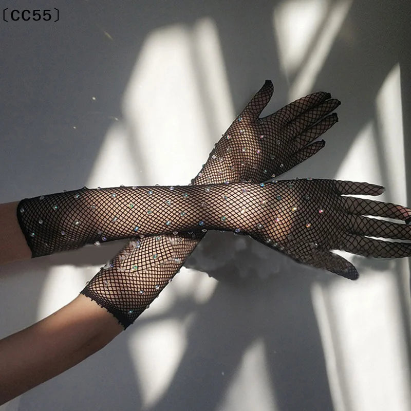 Women's Sparkling Mesh Net Elastic Gloves | Tatted Polyester Fashion Mesh Gloves Qst