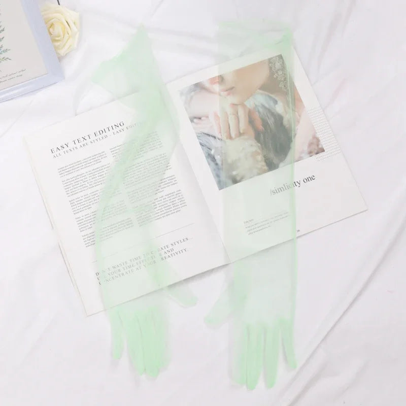 Women's Long Sheer Tulle Gloves Full Finger Mesh Arm Gloves Mesh Fashion Gloves Qme light green 55cm
