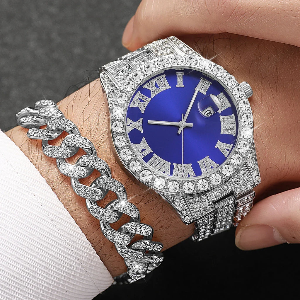 Men's Iced Out Watch, Cross Necklace & Cuban Bracelet Set Men's Jewelry Set Qme