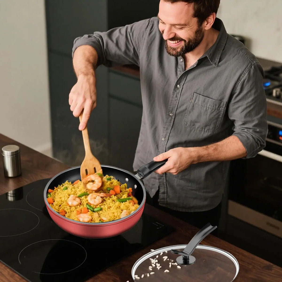 Nonstick Cast Iron Skillet with Lid – 26cm Induction Frying Pan Nonstick Frying Pan Qme