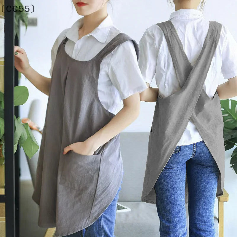 Women's Cross Back Apron with Pockets – Cotton Smock Cross Back Apron Qst
