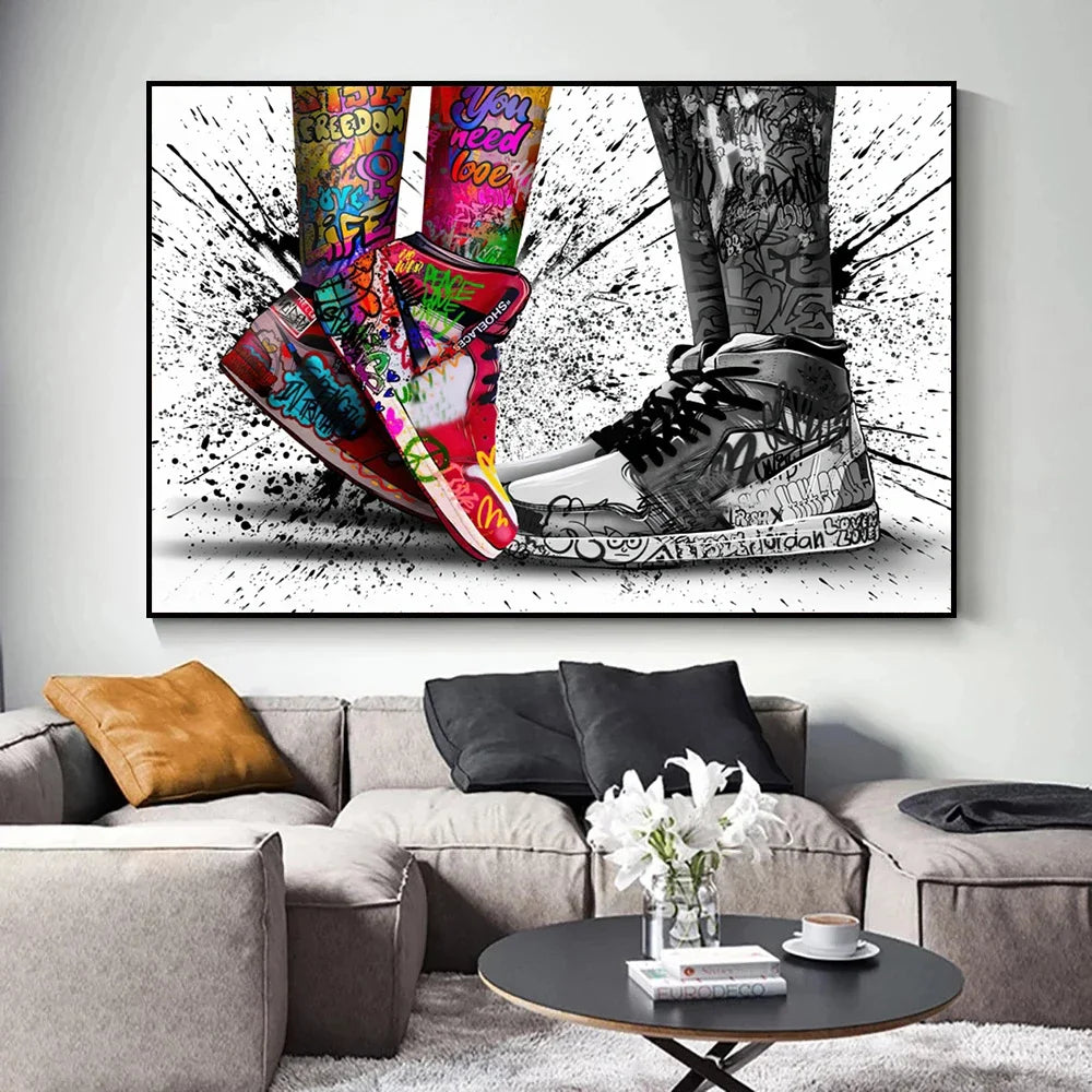 Graffiti Sneakers Canvas Wall Art Poster | Basketball Shoe Print Canvas Wall Art Qst