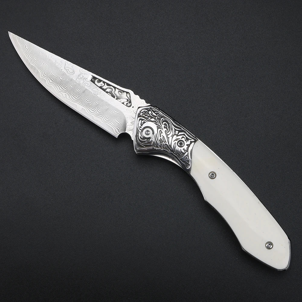 XUANFENG Damascus VG10 Folding Knife – Bull Bone Handle EDC Folding Pocket Knife Qst WHITE