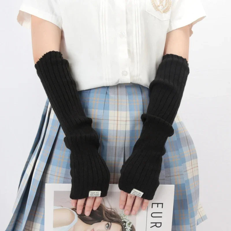 Women Y2K Fingerless Mittens – Cosplay Anime Knit Gloves Fingerless Mittens Qme black
