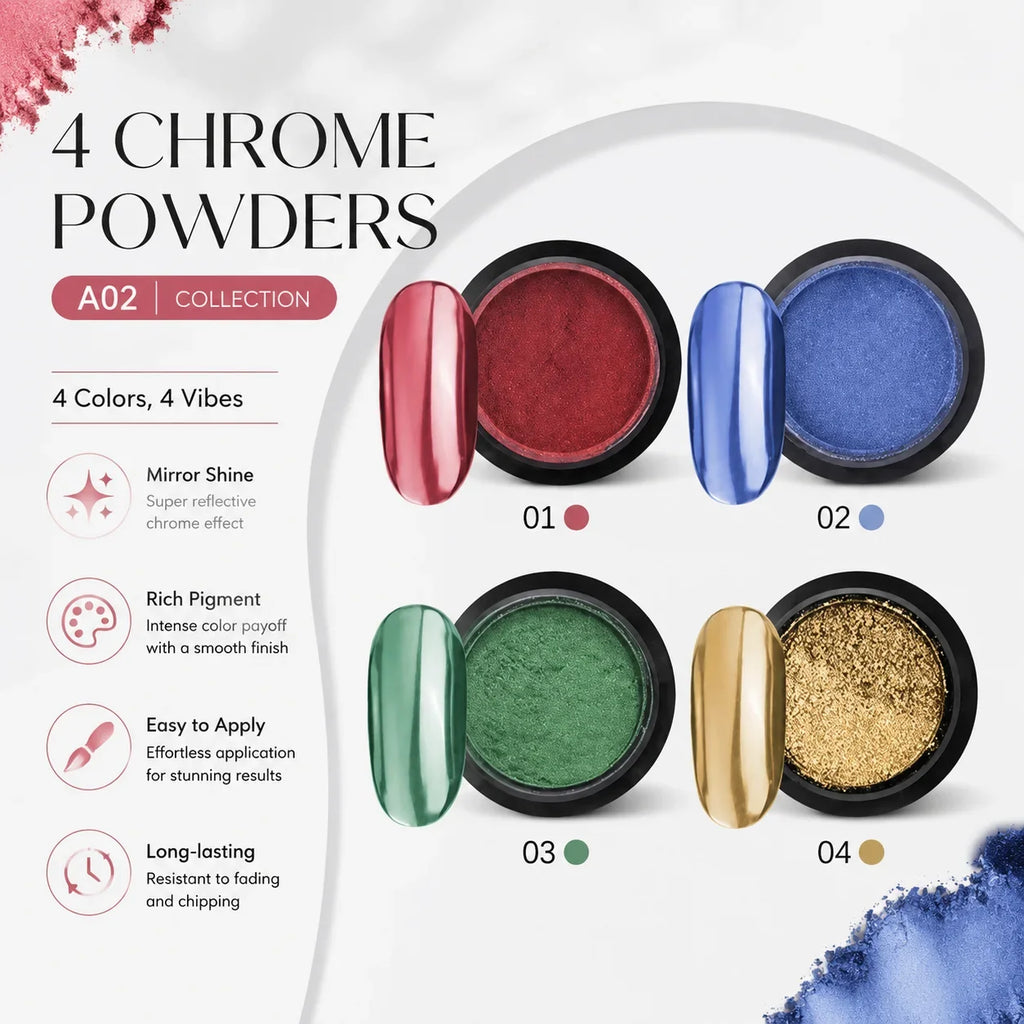 4-Color Metallic Mirror Nail Powder – DIY Chrome Nail Art Set Mirror Nail Powder Qme