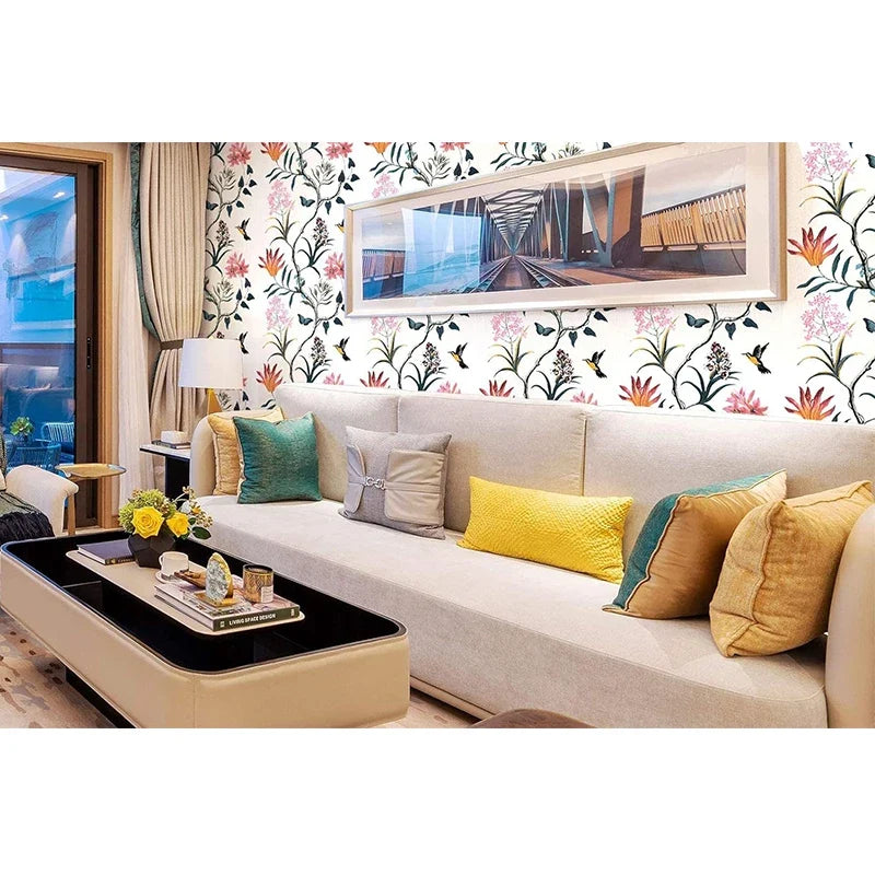 Peel & Stick Floral Bird Wallpaper – Pink Flower Wall Decor Peel & Stick Wallpaper Qme