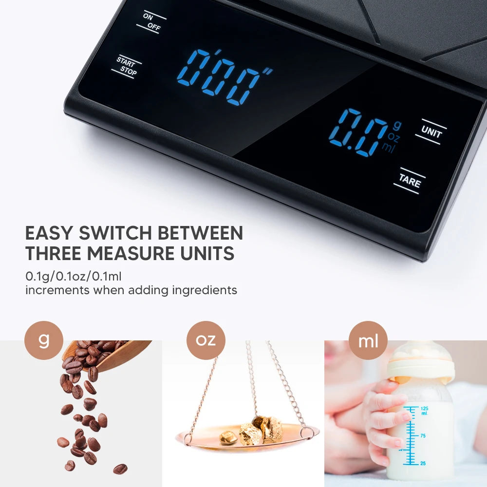 RECAFIMIL Coffee Scale with Timer 3kg/0.1g LCD Digital Digital Coffee Scale Qst