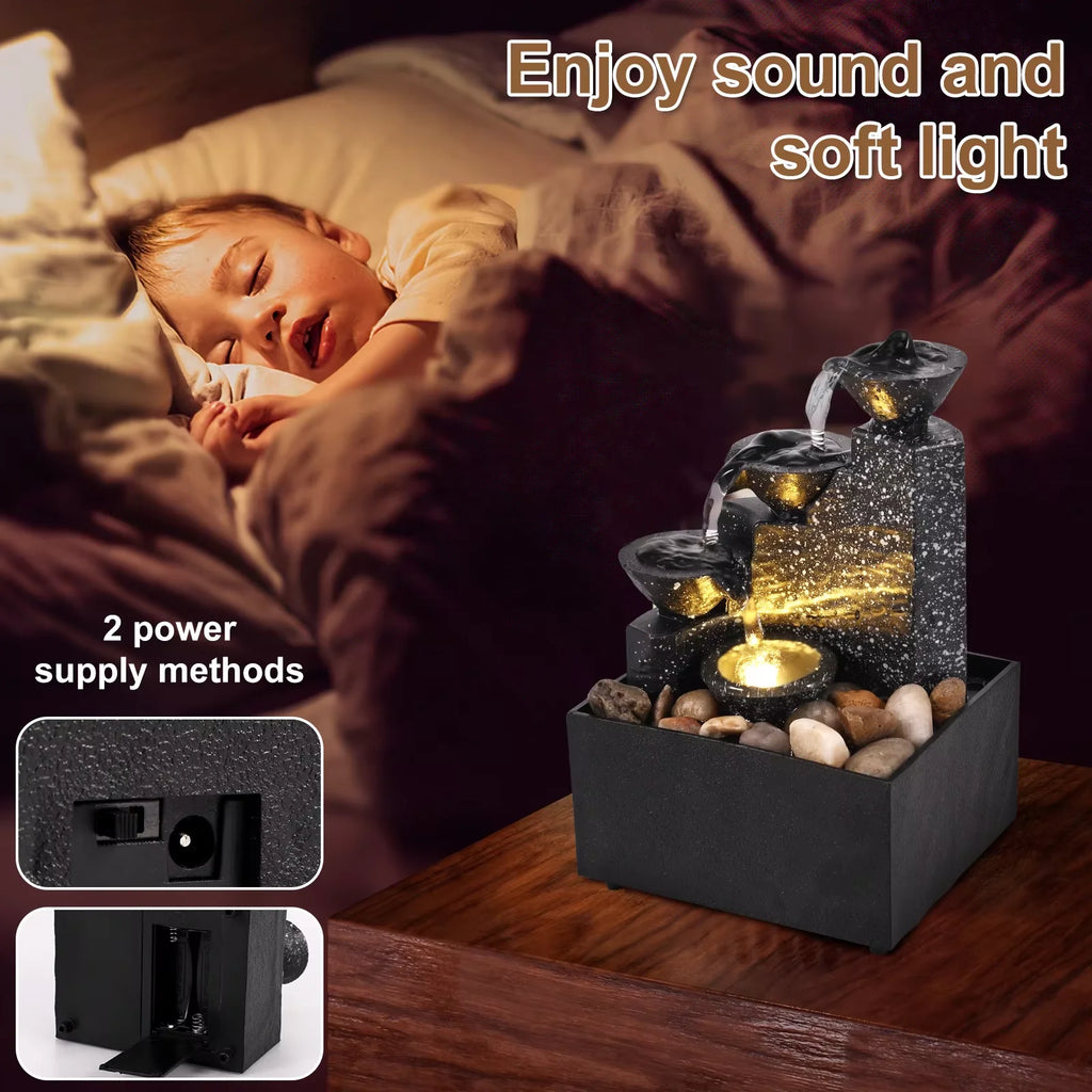 Tabletop Waterfall Fountain LED Décor – Desktop Zen Ornament Tabletop Water Fountain Qst