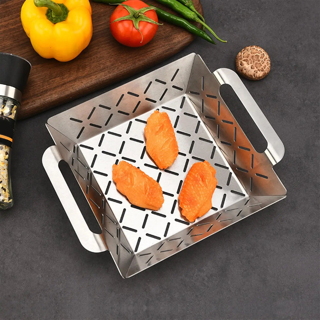 Stainless Steel BBQ Grill Basket – Perforated Grilling Net BBQ Grill Basket Qme