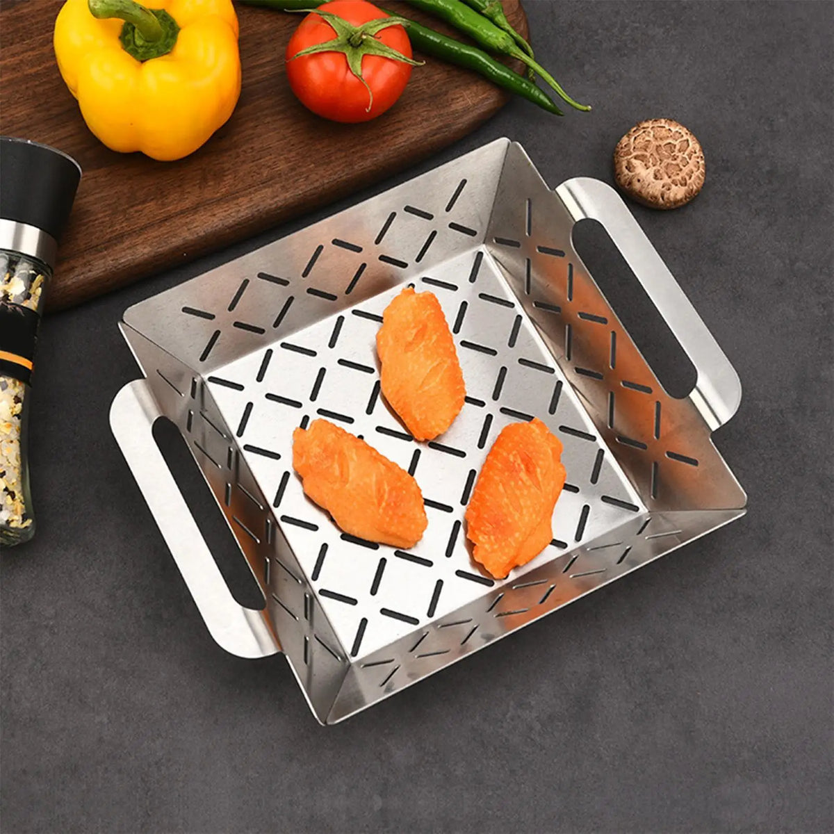 Stainless Steel BBQ Grill Basket – Perforated Grilling Net BBQ Grill Basket Qme