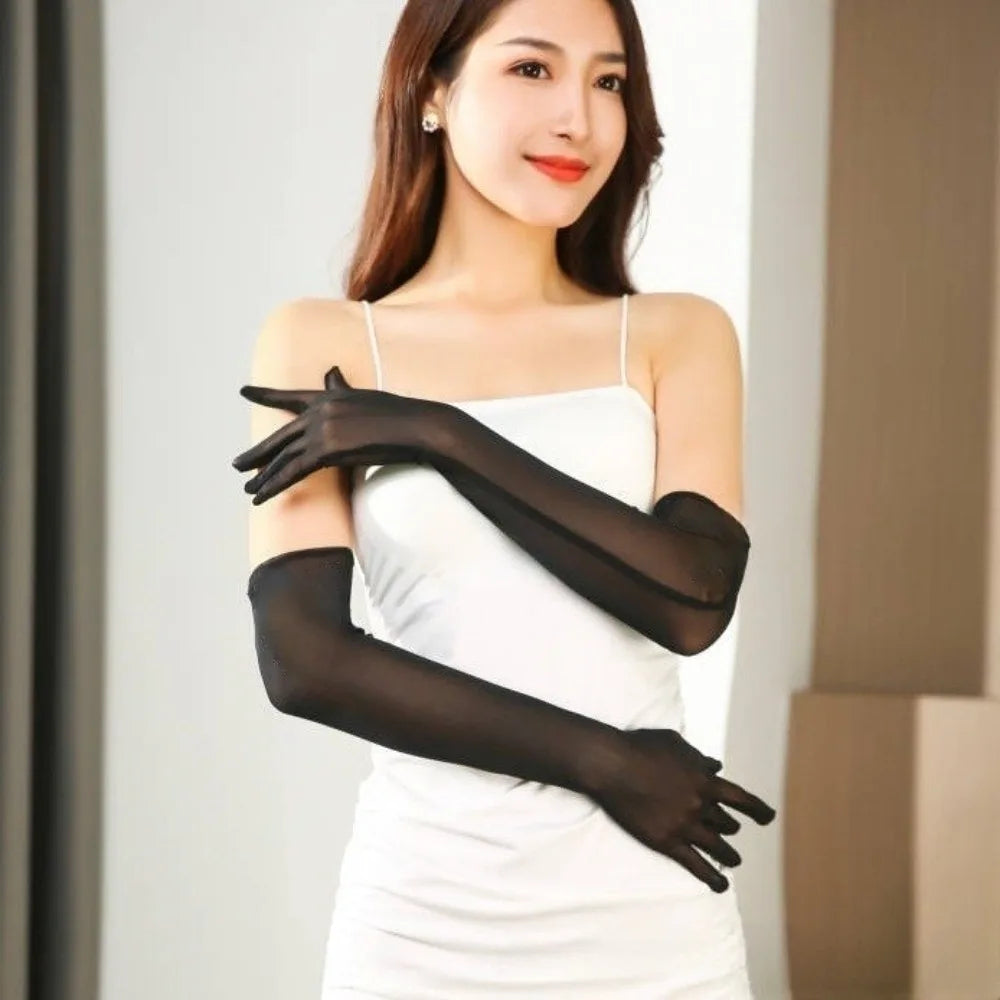 Ultra-Thin Sheer Tulle Elbow Gloves – Sun Protection | Qme Sheer Elbow Gloves Qme Black